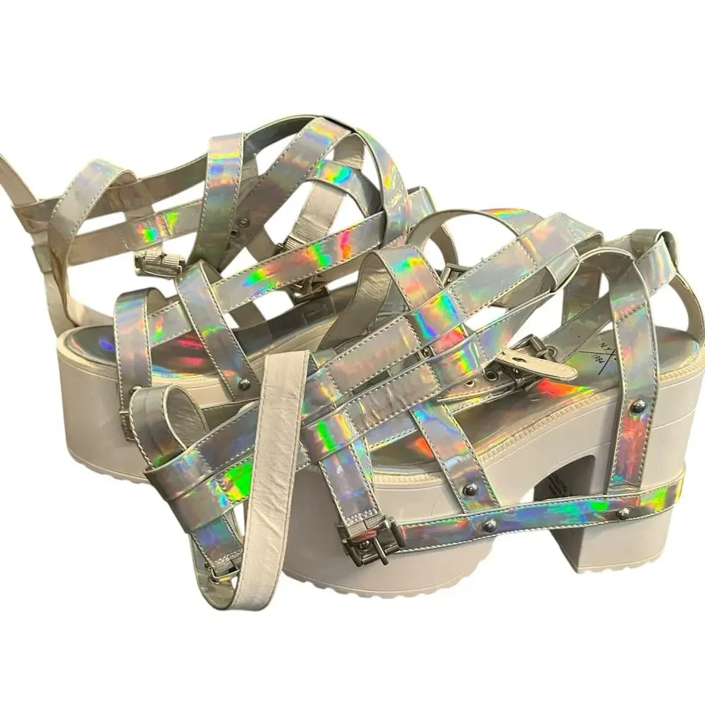 Y.R.U. Nightcall Hi Atlantis Holographic Platform Heels •8• Cage Gladiator YRU